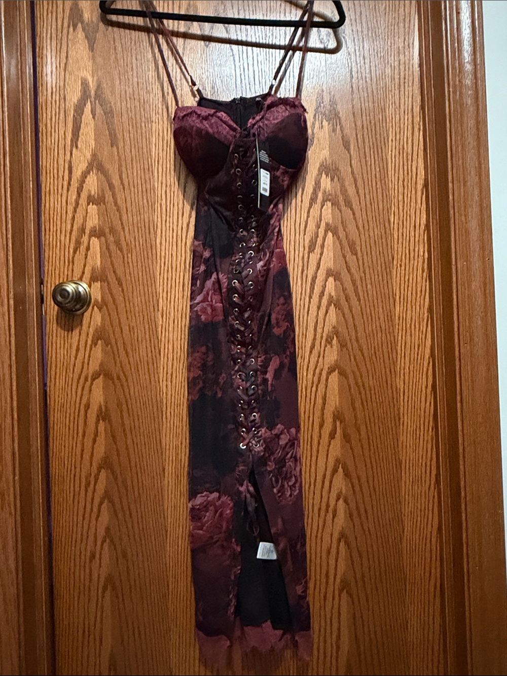 Fashion Nova Burgundy Floral Lace-Up Midi Dress